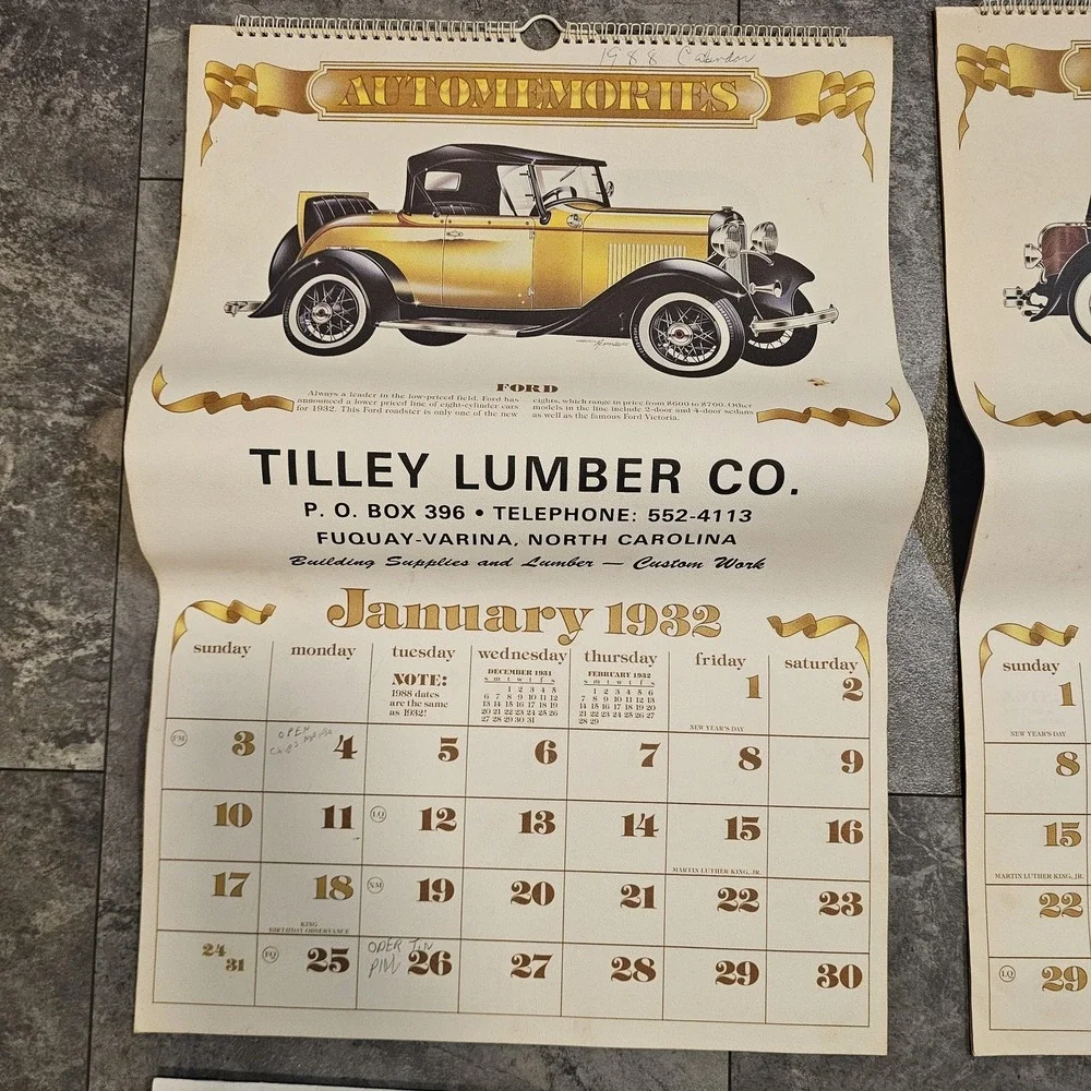 Automemories Vintage Car Calendars Lot Tilley Lumber Jenkins 1930s 1950s